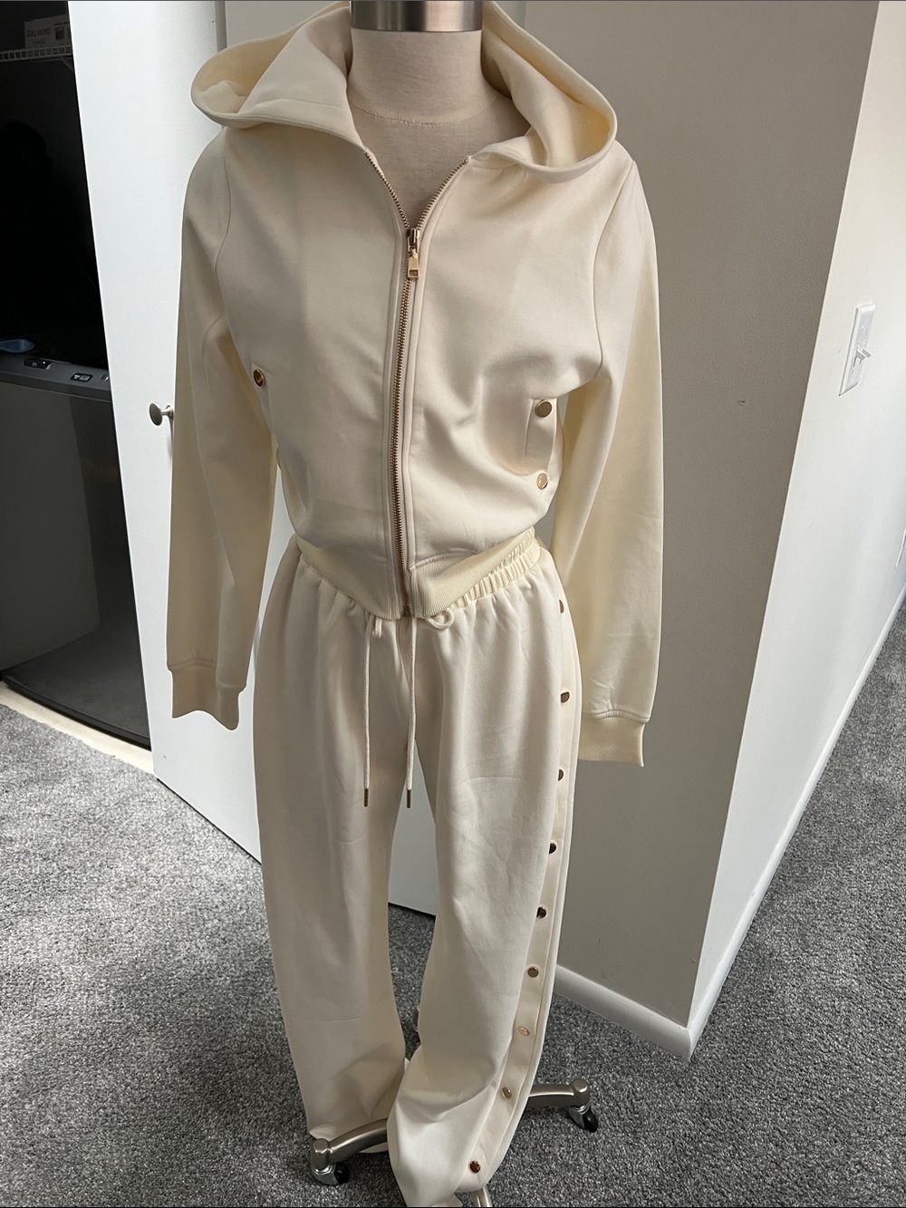 Cream Hooded Track Jumpsuit with Side Snap Details